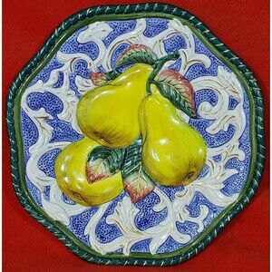 Fitz & Floyd Florentine Fruit Yellow Pears Canapé Plate Braided Trim 9” Majolica